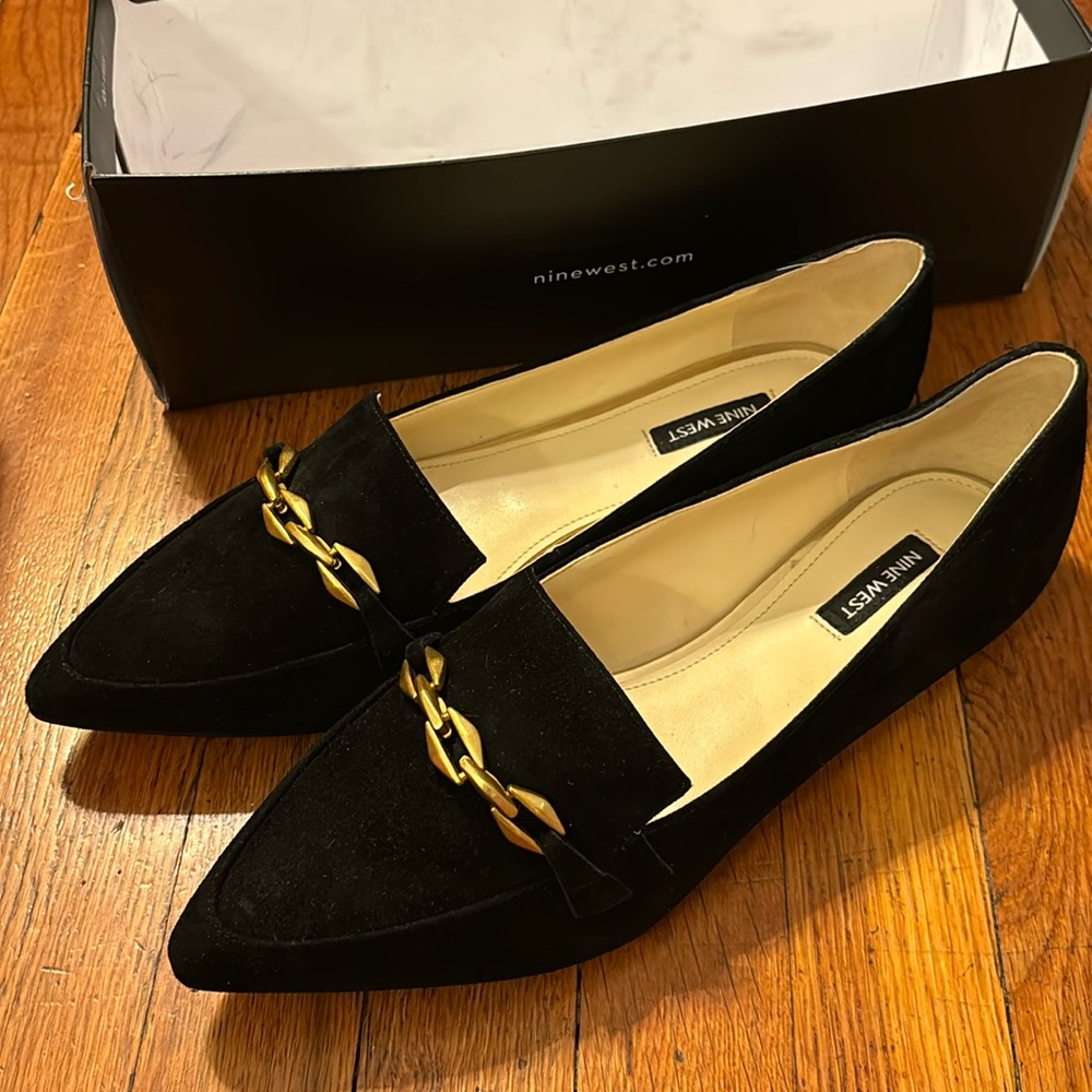 Nine West Suede Black Loafers w/ Gold Buckle
